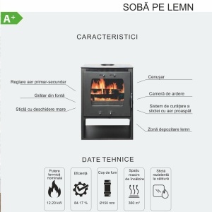 Pachet soba pe lemn Termax Atria, 12.2 kW, randament 84.17%, 80 m², Negru, set accesorii, aspirator cenusa si suport lemne foc metalic Termax M - Img 7