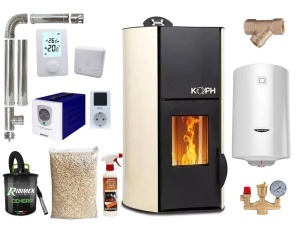 Pachet termosemineu cu peleti KOPH PM 18 kW, 120 mp, buncar 15 kg, diametru cos fum ⌀80 mm, pompa recirculare si vas expansiune incorporate, Crem, Grup siguranta, Filtru Y si Boiler termoelectric Ariston 100 litri, Sursa KOPH 700 W + Stecher Schuko cu pro
