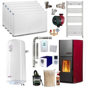 Pachet termosemineu cu peleti KOPH PM 18 kW, 120 mp, buncar 15 kg, diametru cos fum ⌀80 mm, pompa recirculare si vas expansiune incorporate, Calorifere, Boiler termoelectric, Sursa KOPH 700 W + Stecher Schuko cu protectie la joasa si inalta tensiune