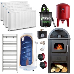 Pachet termosemineu pe lemn Termax Faurar, 11.52 kW, randament 85.59%, 75 m², Negru, Calorifere, Pompe Recirculare, Grup siguranta, Vas expansiune, Robineti tur/retur, Aspirator cenusa si Boiler termoelectric Tesy 80 litri