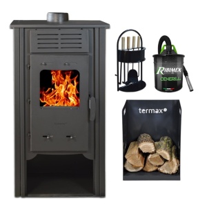 Pachet termosemineu pe lemn Termax Hydra, 6.5 kW, randament 75.5%, 43 m², Bej, set accesorii, aspirator cenusa si suport lemne foc metalic Termax M
