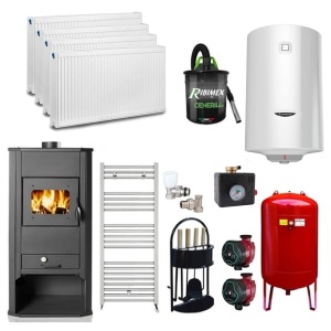 Pachet Termosemineu pe lemne/brichete Termax Kamin 21 kW, Bordo, Calorifere, Pompe Recirculare, Grup siguranta, Vas expansiune, Robineti tur/retur, Aspirator cenusa, Boiler termoelectric Ariston 100 litri si set accesorii