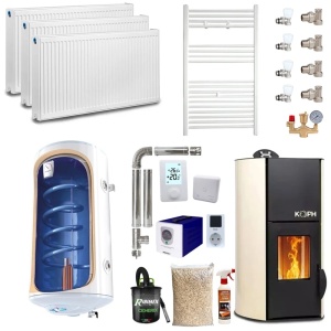Pachet termosemineu pe peleti KOPH PM 12 kW, 80 mp, buncar peleti 12 kg, diametru cos fum ⌀80 mm, pompa recirculare si vas expansiune incorporate, Boiler termoelectric, Calorifere, Sursa KOPH 700 W + Stecher Schuko cu protectie la joasa si inalta tensiune