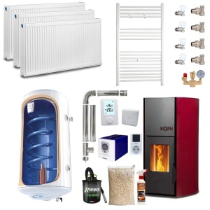 Pachet termosemineu pe peleti KOPH PM 12 kW, 80 mp, buncar peleti 12 kg, diametru cos fum ⌀80 mm, pompa recirculare si vas expansiune incorporate, Boiler termoelectric, Grup siguranta, Robineti, Calorifere, Sursa KOPH + Stecher