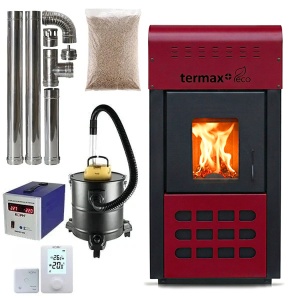 Pachet termosemineu pe peleti Termax Kamin ECO, 25 kW, 160 mp, buncar peleti 45 kg, volum apa 42 litri, diametru cos fum ⌀80 mm, vas expansiune si pompa recirculare incluse, Bordo