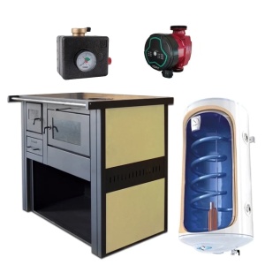 Pachet Termosoba pe lemn Termax Culina, 12.05 kW, evacuare pe dreapta, cuptor integrat, randament 85.29%, 80 m², Grup siguranta, Pompa recirculare si Boiler termoelectric Tesy 80 litri