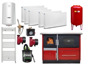 Pachet termosoba pe lemn Termax Maria 25 kW din otel, evacuare pe dreapta, cuptor, design modern si functional, 150 mp, Bordo, Calorifere, Pompe Recirculare, Vas Expansiune, Boiler Termoelectric 100 litri