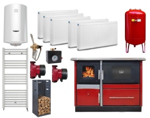 Pachet termosoba pe lemn Termax Maria 25 kW din otel, evacuare pe dreapta, cuptor, design modern si functional, 150 mp, Bordo, Calorifere, Pompe Recirculare, Vas Expansiune, Boiler Termoelectric 100 litri