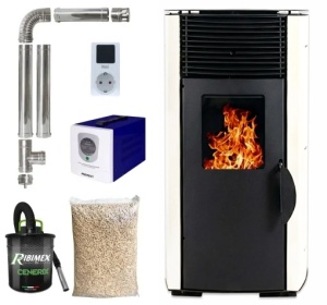 Soba pe peleti KOPH PD 8 kW, cu aer cald, buncar peleti 8 kg, 50 mp, Sursa KOPH 700 W + Stecher Schuko cu protectie la joasa si inalta tensiune, Crem