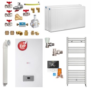 Pachet apartament cu 1 camera, centrala termica pe gaz in condensare Saunier Duval Semia 25-A, 19,1 kW, Calorifere, Termostat inteligent, Set robineti tur/retur, Kit evacuare inclus si Kit complet armaturi montaj