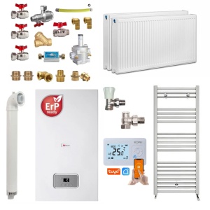 Pachet apartament cu 1 camera, centrala termica pe gaz in condensare Saunier Duval Semia 25-A, 24 kW, Calorifere, Termostat inteligent, Set robineti tur/retur, Kit evacuare inclus si Kit complet armaturi montaj