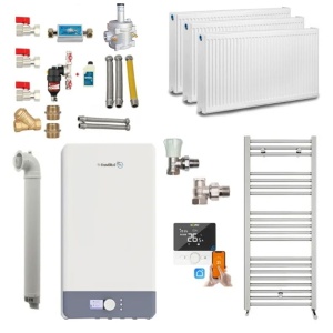 Pachet apartament cu 2 camere, centrala termica pe gaz in condensare Fondital Antea Next KC 26 kW, Calorifere, Termostat Inteligent, Set robineti calorifere, Kit evacuare inclus si Kit complet armaturi montaj