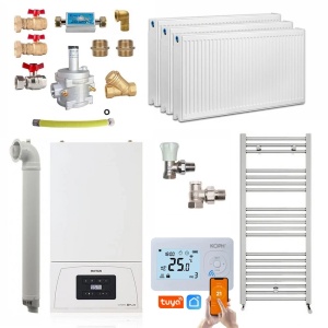 Pachet apartament cu 2 camere, centrala termica pe gaz in condensare Motan Condens KPlus C38GC20V1, 20 kW, Calorifere, Termostat Wireless, Set robineti tur/retur, Kit evacuare inclus si Kit complet armaturi montaj