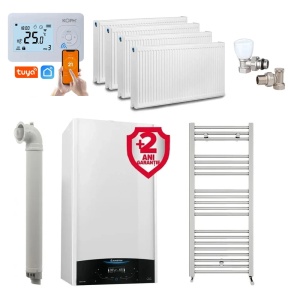 Pachet apartament cu 3 camere, centrala Ariston Genus One+ 24 kW, Clasa A, Schimbator de caldura XtraTech, Ecran LCD tactil, Autodiagnoza, Kit de evacuare inclus + Termostat ambient KOPH i302 + 2 ani extragarantie , Calorifere, Set robineti