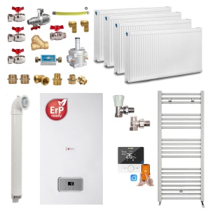 Pachet apartament cu 3 camere, centrala termica pe gaz in condensare Saunier Duval Semia 25-A, 19,1 kW, Calorifere, Termostat inteligent, Set robineti tur/retur, Kit evacuare inclus si Kit complet armaturi montaj
