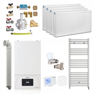 Pachet apartament cu 3 camere, centrala termica pe gaz in condensare Motan Condens KPlus C38GC20V1, 20 kW, Calorifere, Termostat Wireless, Set robineti tur/retur, Kit evacuare inclus si Kit complet armaturi montaj