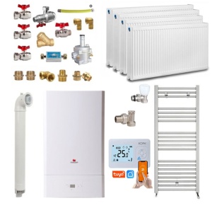 Pachet apartament cu 3 camere, Centrala termica pe gaz in condensare Saunier Duval Semiatek Condens 24 kW, Calorifere, Termostat inteligent WIFI KOPH, Set robineti tur/retur, Kit evacuare inclus si Kit complet armaturi montaj