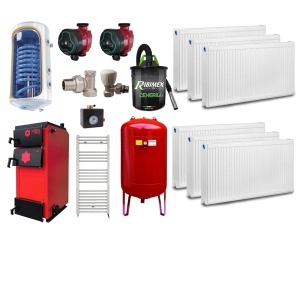 Pachet centrala/Cazan pe lemn KOPH ECO 35 kW, cu ardere standard, 210 mp, volum manta apa 87 litri, diametru cos fum ⌀179 mm, randament 86%, Calorifere, Vas Expansiune, Boiler termoelectric, Pompe Recirculare
