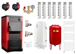 Pachet centrala/cazan pe lemn Termax 50 kW, cu ardere standard, volum manta apa 140 litri, Vas expansiune, Elementi din aluminiu Fondital, Robineti Tur/Retur - Img 1