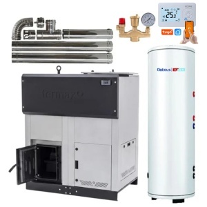 Pachet centrala cu peleti Termax ECO GRI 50 kW, 330 mp, buncar peleti 170 kg, volum apa 150 litri, diametru cos fum ⌀120 mm, Boiler stativ cu serpentina marita 2 in 1 ACM & Buffer, Grup siguranta, Termostat inteligent si Kit cos fum interior