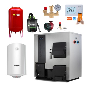 Pachet centrala mixta lemn/pelet Termax Combo 35 kW, volum manta apa 122 litri, trecere automata lemn/pelet, Vas expansiune, Termostat inteligent KOPH I302, Pompa recirculare, Boiler termoelectric Ariston 100 litri