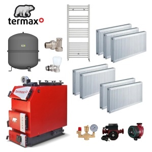 Pachet centrala pe lemn/carbune Termax Polar 30 kW cu ventilator si automatizare, 180 m², Ø cos fum 180 mm, volum manta apa 100 litri, grosime focar 6 mm, randament 86%, Calorifere, Pompe recirculare, Vas expansiune