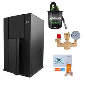 Pachet centrala peleti KOPH PM 35 KW, 230 mp, buncar peleti 80 kg, diametru cos fum ⌀100 mm, pompa recirculare si vas expansiune incorporate, Termostat inteligent KOPH I302, Grup de siguranta, Aspirator cenusa