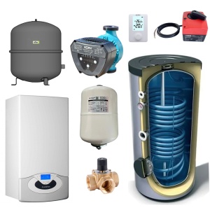 Pachet centrala termica in condensatie Ariston Genus Premium EVO HP 115, doar incalzire, kit evacuare inclus, Vas expansiune, Boiler stativ 500 litri, Vana amestec 3 cai, Servomotor vana, Termostat KOPH 303, Vas expansiune sanitar
