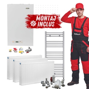 Pachet centrala termica pe gaz conventionala Motan KPLUS 24 kW, debit 11.5 l/min, tiraj fortat + Radiatoare + Montaj + PIF (valabil pentru NEAMT)