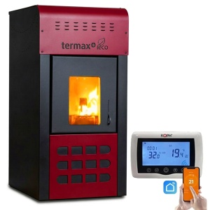 Pachet control inteligent - Termosemineu pe peleti Termax Kamin ECO, 25 kW, 160 mp, buncar peleti 45 kg, volum apa 42 litri, diametru cos fum ⌀80 mm, vas expansiune, pompa recirculare incluse, Bordo si Termostat inteligent KOPH CT99 fara fir, cu WiFi