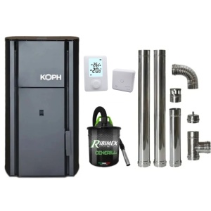 Pachet economic - Centrala cu peleti KOPH PM 30 kW, 200 mp, buncar peleti 30 kg, diametru cos fum ⌀80 mm, pompa recirculare si vas expansiune incorporate + Termostat ambiental + Aspirator cenusa + Cos fum inox de interior ⌀80 mm