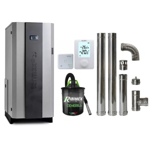 Pachet economic - Centrala cu peleti Termax Compact 25 kW, 170 mp, buncar peleti 75 kg, diametru cos fum ⌀80 mm, vas expansiune si pompa recirculare incluse + Termostat ambiental KOPH 303RF + Aspirator cenusa 1000W + Cos fum inox de interior ⌀80 mm