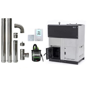 Pachet economic - Centrala cu peleti Termax ECO GRI 35 kW, 220 mp, buncar peleti 130 kg, volum apa 95 litri, diametru cos fum ⌀80 mm + Termostat ambiental KOPH 303RF + Aspirator cenusa 1000W + Cos fum inox de interior ⌀80 mm