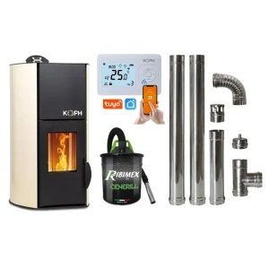 Pachet economic - Termosemineu cu peleti KOPH PM 25 kW Fiama, 160 mp, buncar peleti 25 kg, diametru cos fum ⌀80 mm, pompa recirculare si vas expansiune incorporate, Crem + Termostat inteligent + Aspirator cenusa 1000W + Cos fum inox de interior