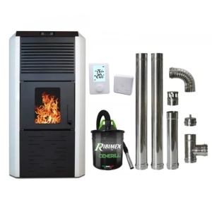 Pachet economic - Termosemineu cu peleti Termax Kamin ECO, 30 kW, 220 mp, buncar peleti 55 kg, diametru cos fum ⌀80 mm, vas expansiune si pompa recirculare incluse, Alb + Termostat inteligent + Aspirator cenusa 1000W + Cos fum inox de interior ⌀80 mm