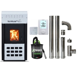Pachet economic - Termosemineu pe peleti Termax Kamin ECO, 25 kW, 160 mp, buncar peleti 45 kg, diametru cos fum ⌀80 mm, vas expansiune si pompa recirculare incluse, Alb + Termostat KOPH 303RF + Aspirator cenusa 1000W + Cos fum inox de interior ⌀80 mm