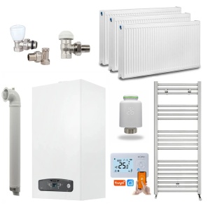 Pachet Economie si Eficienta - Centrala termica pe gaz/GPL in condensare Ariston Cares S 24 kW, schimbator otel inox, incalzire si ACM, Kit evacuare inclus, calorifere, robineti tur/retur, cap termostatic Wi-Fi si termostat inteligent KOPH I302