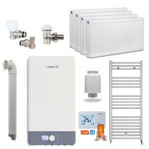 Pachet Economie si Eficienta - Centrala termica pe gaz in condensare Fondital Antea Next KC 26 kW, Clasa A, IPX5D, Incalzire + ACM, Kit de evacuare inclus, calorifere, robineti tur/retur, cap termostatic Wi-Fi si termostat inteligent KOPH I302