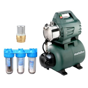 Pachet hidrofor inox Metabo HWW 4500/25, 1300 W, 48 m, Set 3 filtre ALFAKAL 10", pentru apa, nylon, bumbac si carbune activ, racord 1" si Supapa de sens cu sorb sita 1"
