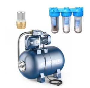 Pachet hidrofor Pedrollo Easypump Future Jet JSWm 2AX, cu pompa autoamorsanta si presostat EasyPress 2, 230 V, 900 W, Set 3 filtre ALFAKAL 10", pentru apa, nylon, bumbac si carbune activ, racord 1" si Supapa de sens cu sorb sita 1"