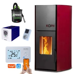 Pachet Smart Control - Termosemineu cu peleti KOPH PM 25 kW Fiama, 160 mp, diametru cos fum ⌀80 mm, pompa recirculare si vas expansiune incorporate, Bordo + Termostat inteligent KOPH I302 WiFi + Aspirator cenusa 1000W Sursa KOPH 500 W + Stecher