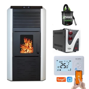 Pachet Smart Control - Termosemineu cu peleti Termax Kamin ECO, 30 kW, 220 mp, volum apa 49 litri, diametru cos fum ⌀80 mm, vas expansiune si pompa recirculare incluse + Termostat inteligent KOPH I302 WiFi + Aspirator cenusa 1000W + Stabilizator tensiune