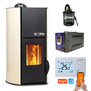 Pachet Smart Control - Termosemineu pe peleti KOPH PM 12 kW, 80 mp, buncar peleti 12 kg, diametru cos fum ⌀80 mm, pompa recirculare si vas expansiune incorporate, Crem + Termostat inteligent KOPH I302 WiFi + Aspirator cenusa 1000W + Stabilizator tensiune