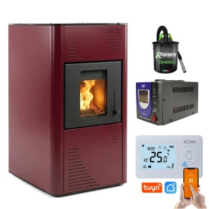 Pachet Smart Control - Termosemineu pe peleti Termax Kamin PM 15 kW, 120 mp, volum apa 30 litri, diametru cos fum ⌀80 mm, vas expansiune si pompa recirculare incluse + Termostat inteligent KOPH I302 WiFi + Aspirator cenusa 1000W + Stabilizator tensiune