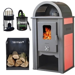 Pachet soba pe lemn Termax Aurora, 8.45 kW, randament 80.36%, 55 m², Rosu, set accesorii, aspirator cenusa si suport lemne foc metalic Termax M