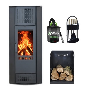 Pachet soba pe lemn Termax Belissima, 9.47 kW, randament 84.32%, 60 m², Antracit, set accesorii, aspirator cenusa si suport lemne foc metalic Termax M