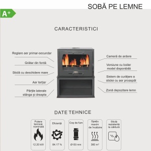Pachet soba pe lemn Termax Ilinca, 12.2 kW, randament 84.17%, 80 m², spatiu depozitare lemne, Negru, set accesorii si aspirator cenusa - Img 7