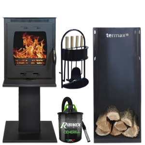 Pachet soba pe lemn Termax Vesta cu picior, 9.47 kW, randament 84.32%, 60 m², Negru, set accesorii, aspirator cenusa si suport lemne foc metalic Termax XL