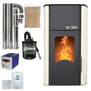 Pachet termosemineu cu peleti KOPH PM 30 kW, 200 mp, buncar peleti 30 kg, diametru cos fum ⌀80 mm, pompa recirculare si vas expansiune incorporate, Crem