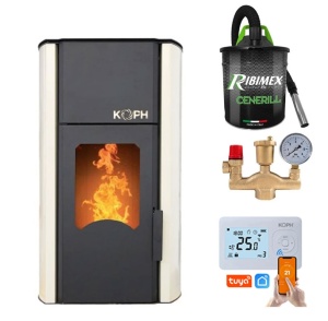 Pachet Termosemineu cu peleti KOPH PM 30 kW, 200 mp, buncar peleti 30 kg, diametru cos fum ⌀80 mm, pompa recirculare si vas expansiune incorporate, Termostat inteligent WIFI KOPH, Grup de siguranta, Aspirator cenusa